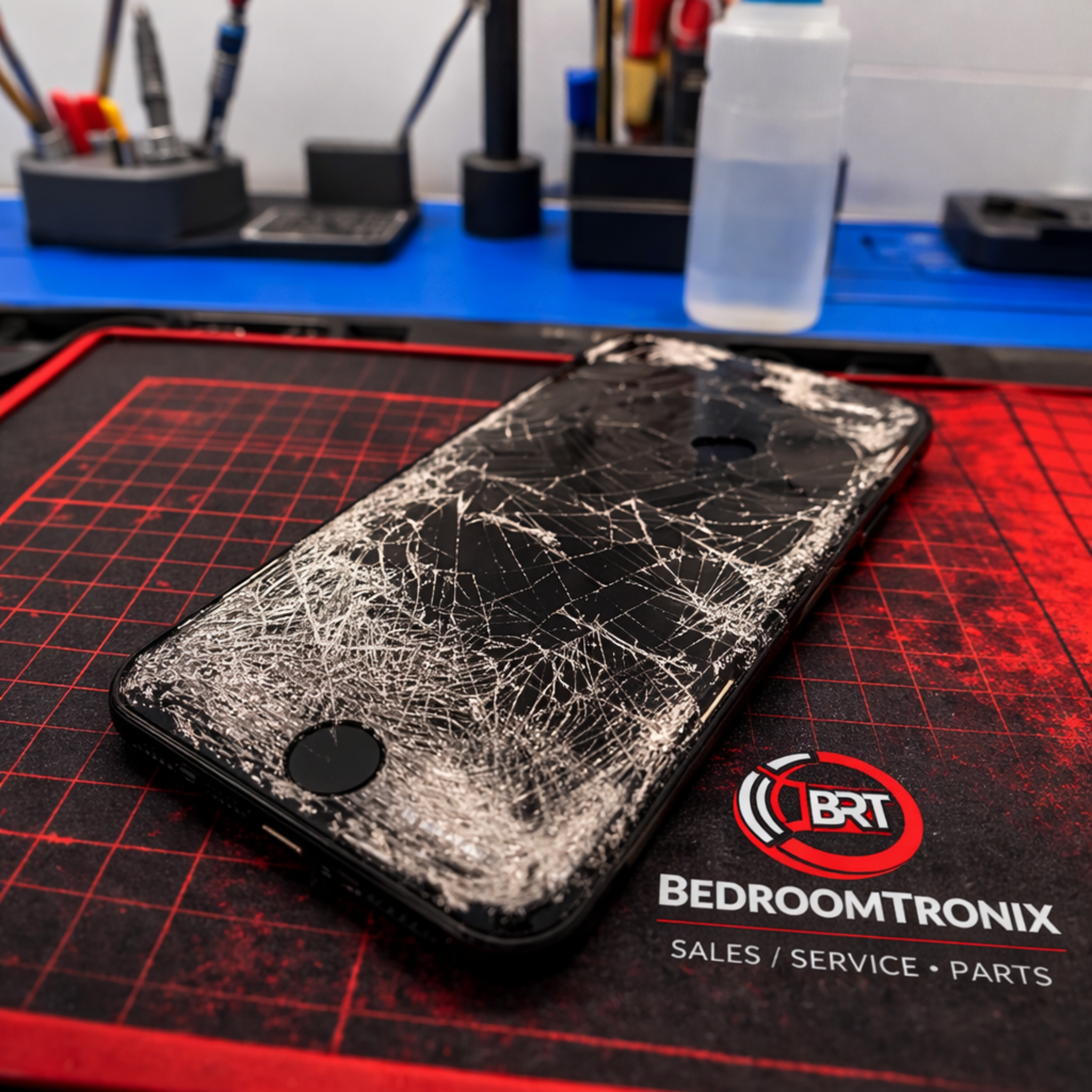 Cracked phone on branded mat